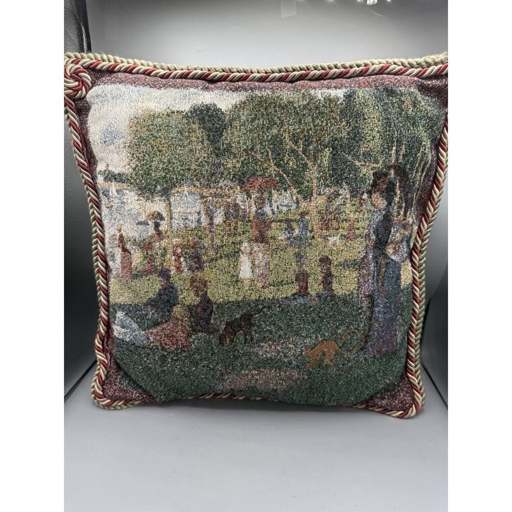 Vintage Tapestry Garden Scene Throw Pillow Cottagecore 16x14 Rope Trim